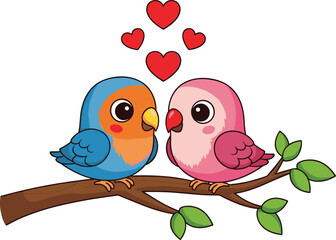 Cartoon love birds on tree branch, romantic animal illustration with hearts and nature elements, colorful character design, vector art, cheerful and whimsical style