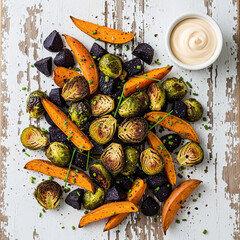 Plant Based Vegan Autumn Meal - Roasted Vegetables with Brussels Sprouts and Carrots on Rustic Wood Board