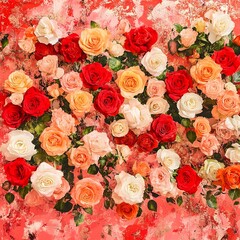 Vibrant Red, Peach, White Roses Floral Background