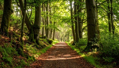 Fototapeta premium Sunlight streams through a wooded path lined with tall trees, creating a vibrant and tranquil nature scene. The path winds invitingly