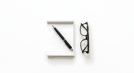 Minimalistic workspace setup featuring a notepad, pen, and glasses on a clean white surface