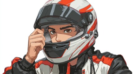 A young racer with captivating eyes adjusts his helmet, poised for the race, the design of the helmet stands out