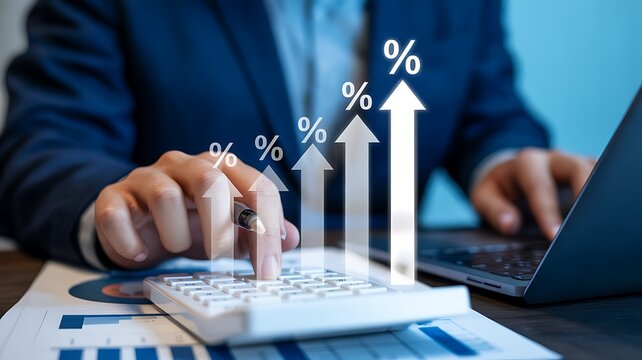 Business growth and financial success with rising percentages and arrows