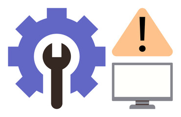 Gear and wrench symbolizing system repair next to a computer screen and warning triangle. Ideal for technical support, troubleshooting, maintenance, IT issues, system updates, error alerts, simple