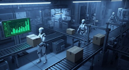Futuristic factory with sleek robots managing logistics and production, showing advanced technology and automated efficiency in a modern setting