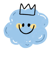 A crayon drawing of a blue cloud, wearing a crown and smiling brightly.