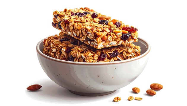 Two cereal bars with nuts and berries sit atop a white ceramic bowl, several nuts also sit near the bowl
