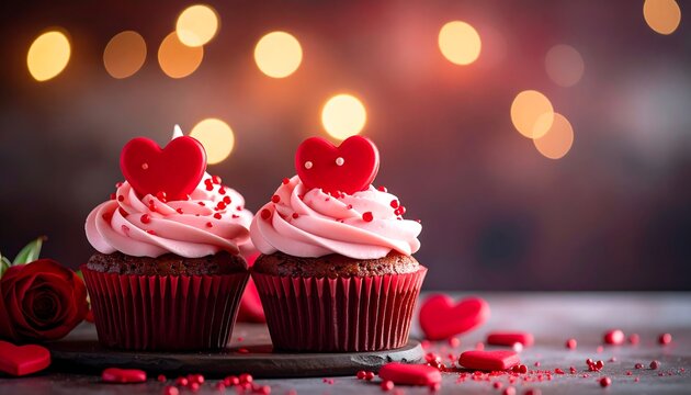 Two chocolate cupcakes with pink frosting and heart-shaped decorations sit on a wooden surface. Red sprinkles add detail. Bokeh background