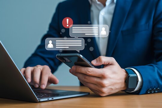 Businessman using smartphone and laptop with chat bubbles and notification icons