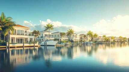 Obraz premium Luxury Waterfront Homes Reflecting Sunlight on a Calm Lake