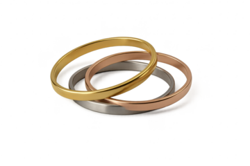 Gold, rose gold, silver interlocked rings with transparent background.