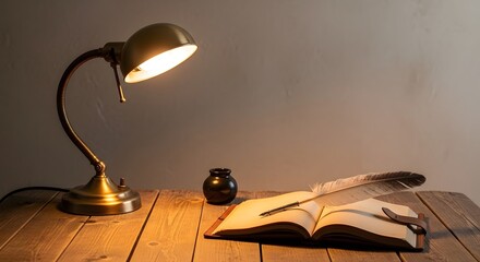 Cozy writing desk scene with a lamp illuminating an open book, ink pot, and feather pen on wooden table