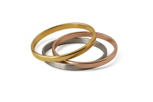 Gold, rose gold, silver interlocked rings with transparent background.