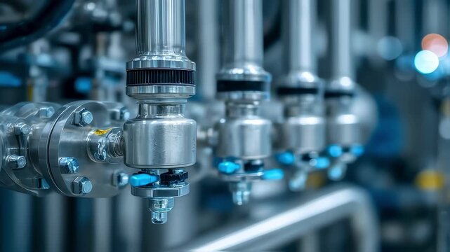 Close medium shot of glycol chiller pipes connected to a chemical processing unit clear foreground with blurred factory setting showing liquid cooling efficiency.
