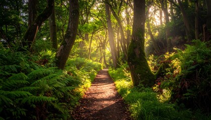 A sunlit trail winds through a dense forest, dappling the path with light and shadows. Lush ferns and trees frame the scene