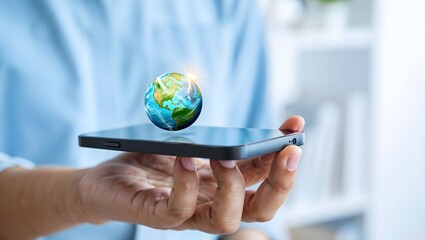 Person holding smartphone displaying 3d earth hologram