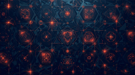 Intricate glowing orange-red geometric symbols and patterns on a dark blue background, creating a mystical or technological interface.