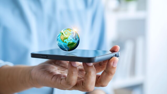 Person holding smartphone displaying 3d earth hologram