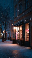 Fototapeta premium Cozy bookshop glows in the soft snowfall on a winter evening in the city