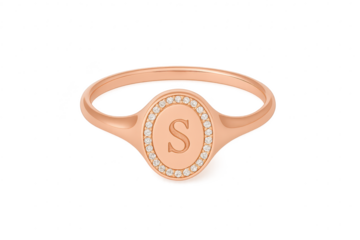 Elegant rose gold signet ring with initial S and diamonds, isolated on transparent background