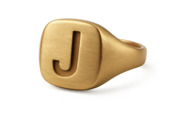 Elegant brushed gold signet ring with initial 'J' isolated on transparent background