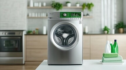 Freshly cleaned towels are neatly stacked on a table next to a modern washing machine in a well-lit laundry room, showcasing a tidy, organized space