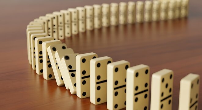 A curved line of dominoes standing on a wooden surface ready to fall in a chain reaction effect