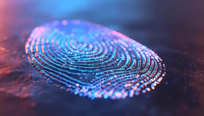 Glowing digital fingerprint with vibrant blue and pink hues representing biometric security and identity verification in modern technology solutions