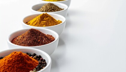 Vibrant assortment of colorful spices in white bowls creating a visually rich culinary palette for cooking and flavor inspiration