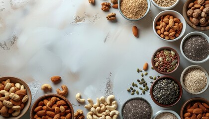 Abundant assortment of healthy nuts and seeds overflowing from rustic bowls, showcasing natural goodness for vibrant living and wholesome nutrition.
