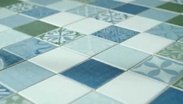 Decorative ceramic tiles in various colors and patterns on surface  