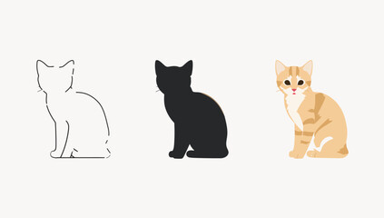 Vector art of set of three orange cat illustrations outline, silhouette, and color