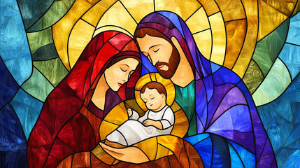 A vibrant, traditional stained-glass illustration of nativity scene with Mary Joseph baby Jesus beautiful radiant colors with copy space ideal for artistic religious Christmas card holiday background