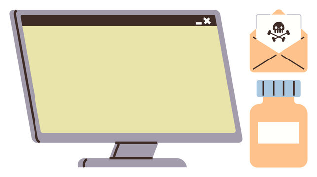 Computer screen next to an email with a skull symbol and a medicine bottle, highlighting cybersecurity threats. Ideal for technology, security, health, danger, phishing, awareness campaigns, simple