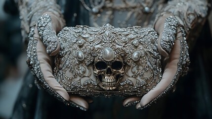 Exquisite clutch with skull detail held by gloved hands