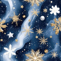 Fototapeta premium Elegant winter holiday pattern with gold snowflakes and festive ornaments on dark background