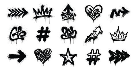 Graffiti Symbols Collection with Arrows, Crowns, Hearts, Hashtags and Street Art Icons