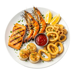 Seafood Platter with Grilled Salmon, Shrimp, Calamari, Scallops, and Lemon on White Background