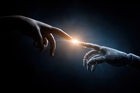 Human hand and robotic hand almost touch, glowing light between them, dark background