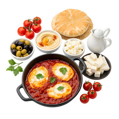 Shakshuka with Feta Cheese, Olives, Hummus, and Pita Bread eggs tomato sauce