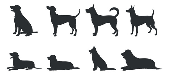 Dog Silhouettes Collection. Different Breeds Poses Isolated Vector Set