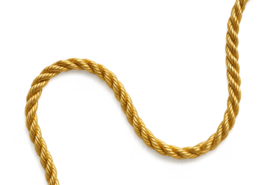 Golden braided rope, elegantly flowing and isolated on a transparent background