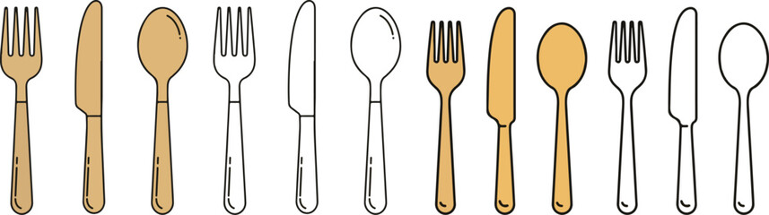 Set of fork knife spoon icons in flat style logotype menu vector illustration