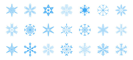 Snowflake icon collection in blue. Geometric ice crystal symbols with decorative winter and holiday patterns