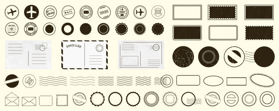 Postcard and stamp icon collection. Vintage post office symbols with envelopes, cancellation marks and retro correspondence labels