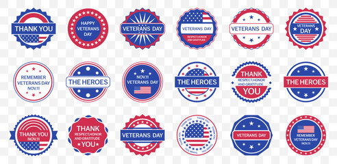 Veterans day badge set. Red and blue round emblems with thank you text, stars and American flag symbols