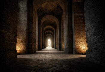 Fototapeta premium A long, arched tunnel with light at the end, constructed of ancient, textured stone