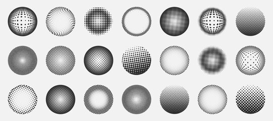 Halftone circle collection. Black dotted round elements with gradient transitions for retro comic or abstract design