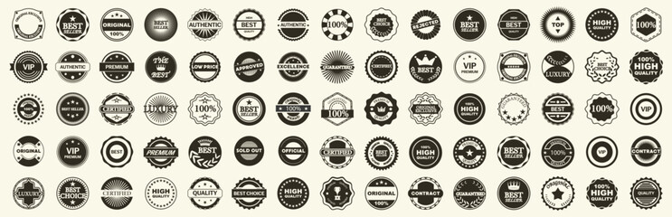 Quality badge collection in vintage style. Circular labels with texts like premium, authentic, best and guaranteed product © top dog