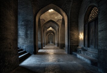 Obraz premium A long, arched hallway, illuminated by light, leading to a distant doorway. Interior architecture
